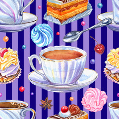 Seamless pattern of cups and sweets on a striped background, watercolor illustration.