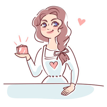 Vector cartoon image of a woman with Hand Made Soap, vector illustration, standing, presenting something and smiling on a white background. Sale, shop, beauty, presentation