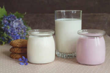 dairy products: yogurt, a glass of milk and oatmeal cookies,
rustic style