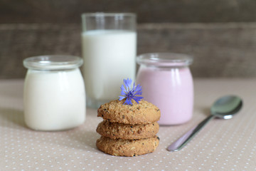 dairy products: yogurt, a glass of milk and oatmeal cookies,
rustic style