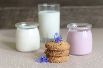 dairy products: yogurt, a glass of milk and oatmeal cookies,
rustic style