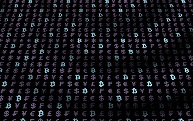 Bitcoin and currency on a dark background. Digital Cryptocurrency symbol. Wave effect, currency market fluctuations. Business concept. 3D illustration