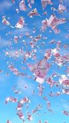 Flying euro banknotes against the sky background. Money is flying in the air. 500 EURO in color. 3D illustration