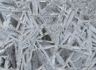 Rime, frost, ice texture. ice pattern texture. Ice on the winter lake. Closeup.