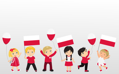 Funny kids of different races with various hairstyles with flags. graphic design to the Poland holidays.