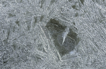 Rime, frost, ice texture. ice pattern texture. Ice on the winter lake. Closeup.