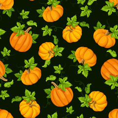 Vector seamless pattern with orange pumpkins and green leaves.