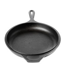 Empty, clean black cast iron pan or dutch oven over white