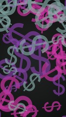 Multicolored translucent dollar signs on dark background. Vertical image orientation. 3D illustration