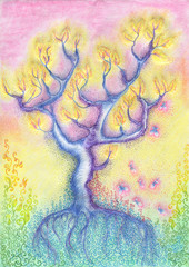 A beautiful fairy tree with roots and leaves. Drawing with colored pencils on paper.
