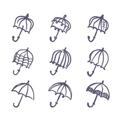 Set of umbrellas drawn marker imitation. Romantic gray umbrella vector  pattern.