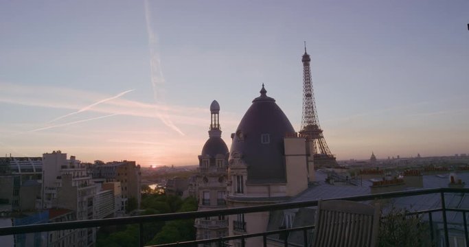 view of paris eiffel tower beautiful sunset over romantic french city on balcony travel vacation concept