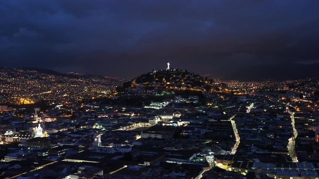 View over Old Town towards El Panecillo Hill at dusk, Quito, Pichincha Province, Ecuador