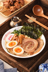 Japanese Ramen noodles in soy sauce flavored soup     