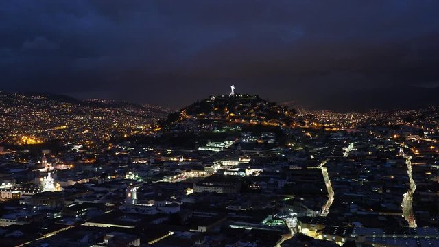 View over Old Town towards El Panecillo Hill at dusk, Quito, Pichincha Province, Ecuador