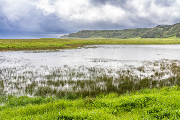Amazing spring landscape with a a flooded lagoon inside a green farmland grass on an overcast day with the rain menace on the air at Cobquecura countryside, Chile
