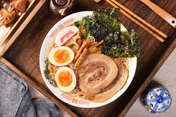 Japanese Ramen noodles in soy sauce flavored soup     