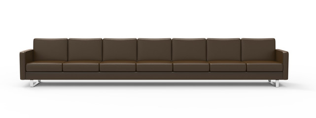 Extremely long brown leather sofa isolated on white background. 3d rendering