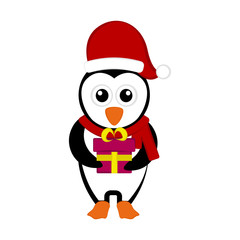 Christmas penguin character holding a present