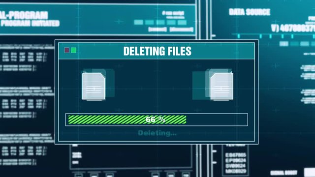 88. Deleting Files Progress Warning Message Files Deleted Alert on Computer Screen Entering System Login And Password . system Security, Cyber Crime, Computer Hacking Concept