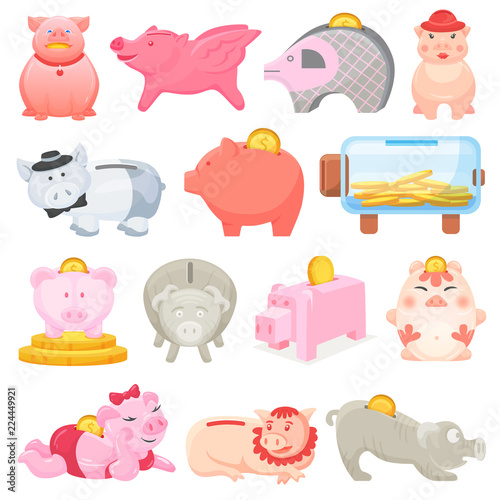 Piggy Bank Vector Money Pig Box Financial Bank Or Money Box With - piggy bank vector money pig box financial bank or money box with investment savings and coins illustration set of piggybank or moneybox with cash isolated