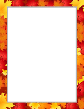 Vector vertival frame with fallen autumn maple leaves on white background with copy space