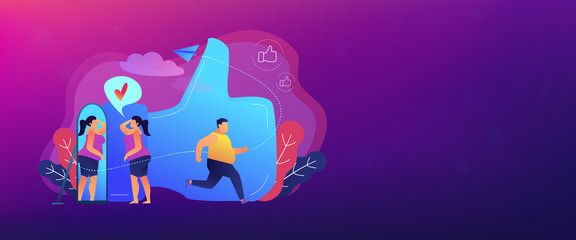 Plus size woman in front of the mirror as a concept of body positivity, acceptance and appreciation for all body types, body image, self confidence. Violet palette. Header or footer banner.