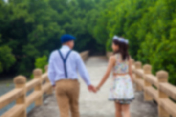 pre wedding sceen out door tree background.,asian lover ,Blur of pre wedding photo, soft beautiful. pre wedding couple happy man and woman