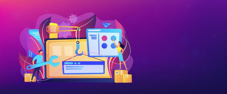 It professionals are creating web site on the laptop screen. Website development or web application, coding, designing for web browsers concept. Violet palette. Header or footer banner template.