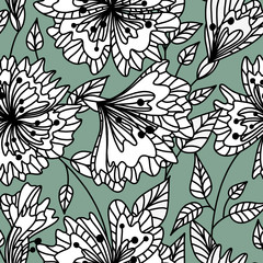 Repeatable background. Vector seamless pattern wild plants, herbs and flowers, fol artistic botanical illustration in folk style, hand drawn floral motif with outlined ornamental plants.