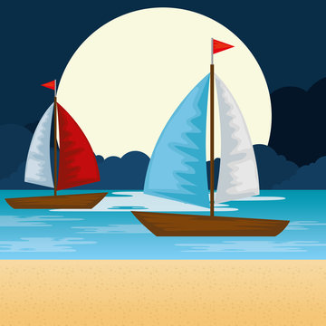beach landscape at night with sailboats