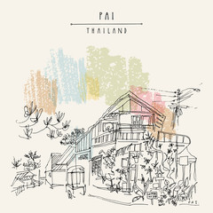 Northern Thai paradise. Pai, Thailand. Travel hand drawn vintage artistic postcard