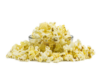 A pile of popcorn in a glass bowl isolated on a white background.