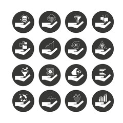 hand holding data chart icons in circle buttons for analytics concept