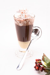 hot coffee Espresso Con Panna  in clear glass on a white background in the studio.	