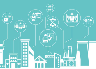 engineering and construction icons with city skyline background