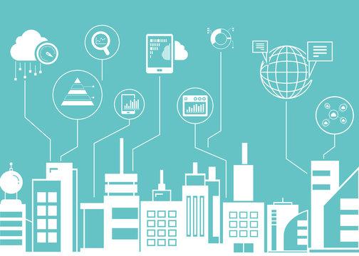network and data analytics icons with city skyline background