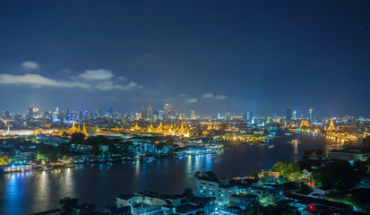 Chao Phraya River, Bangkok at night, overlooking the Grand Palace.