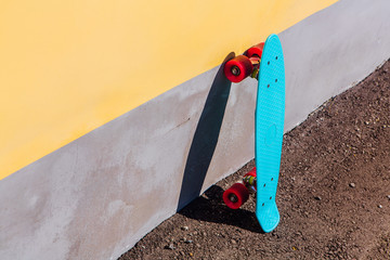 Blue plastic skateboard penny board with pink wheels.