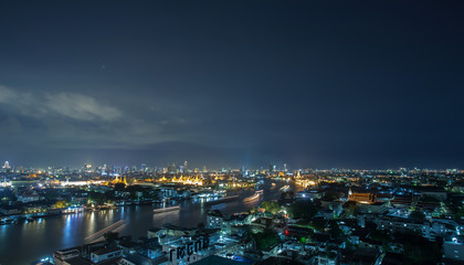 Chao Phraya River, Bangkok at night, overlooking the Grand Palace.