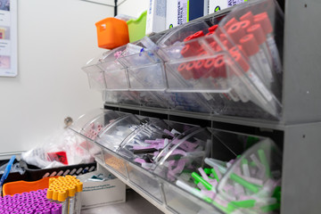 Vials and supplies ready for samples in a medical lab