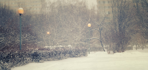 Winter.Snowfall in the city.