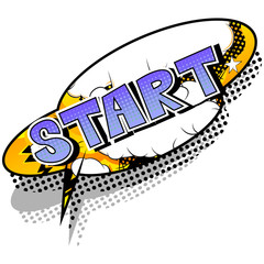Start - Comic book style phrase on abstract background.