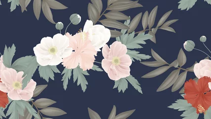 Fototapeten Floral seamless pattern, colorful anemone, hibiscus flowers with leaves on dark blue background © momosama