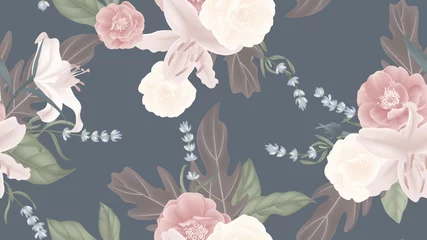 Gardinen Floral seamless pattern, rose, lily, lavender with leaves on matted blue background © momosama