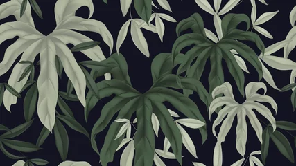 Foto op Canvas Floral seamless pattern, green Anthurium pedatoradiatum leaves on dark blue background © momosama