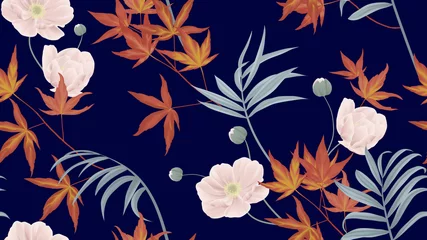 Fotobehang Floral seamless pattern, anemone flowers, red Japanese maple leaves, palm leaves on dark blue background © momosama