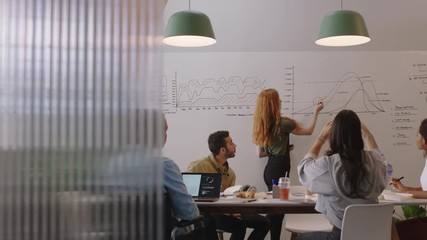 young business people meeting in boardroom presentation brainstorming team leader woman presenting financial graph data showing colleagues working together in disabled friendly office 