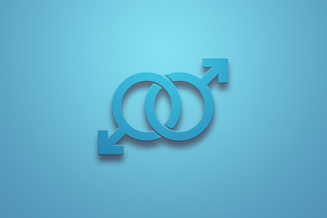 Two male blue signs on a blue background. The concept of same-sex relationships, same-sex marriages, gay problems, discrimination, tolerance.