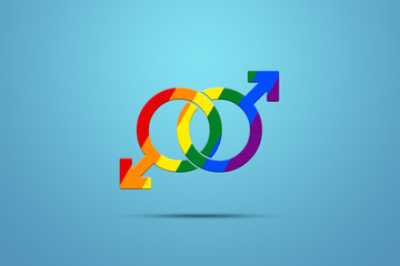 Two male signs are painted in LGBT colors on a blue background. The concept of same-sex relationships, same-sex marriages, gay problems, discrimination, tolerance.